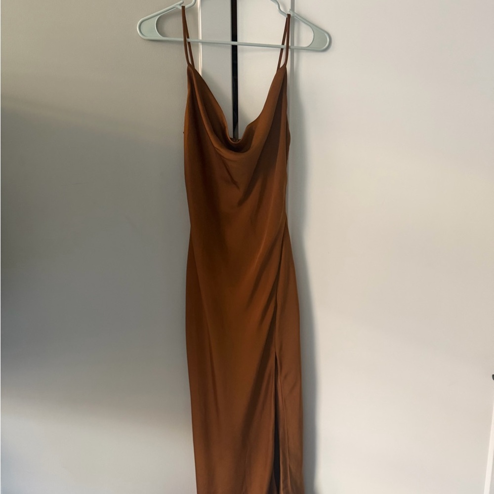 Lulu's Copper Brown Cowl Neck Slip Maxi Dress